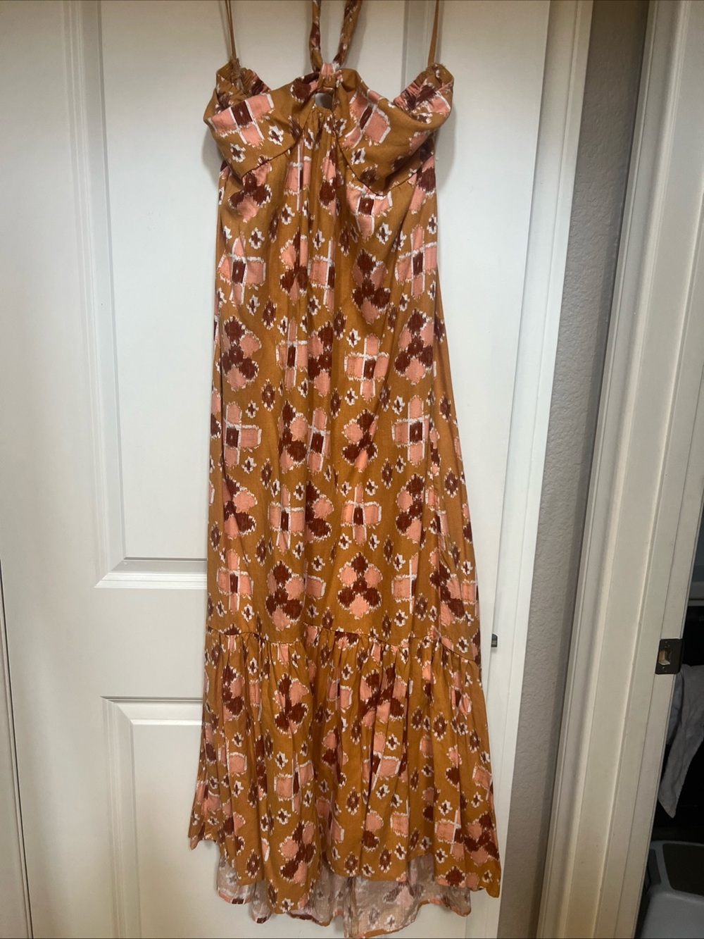 Braided halter geometric Tiered Maxi Dress in Burnt orange, red and pink